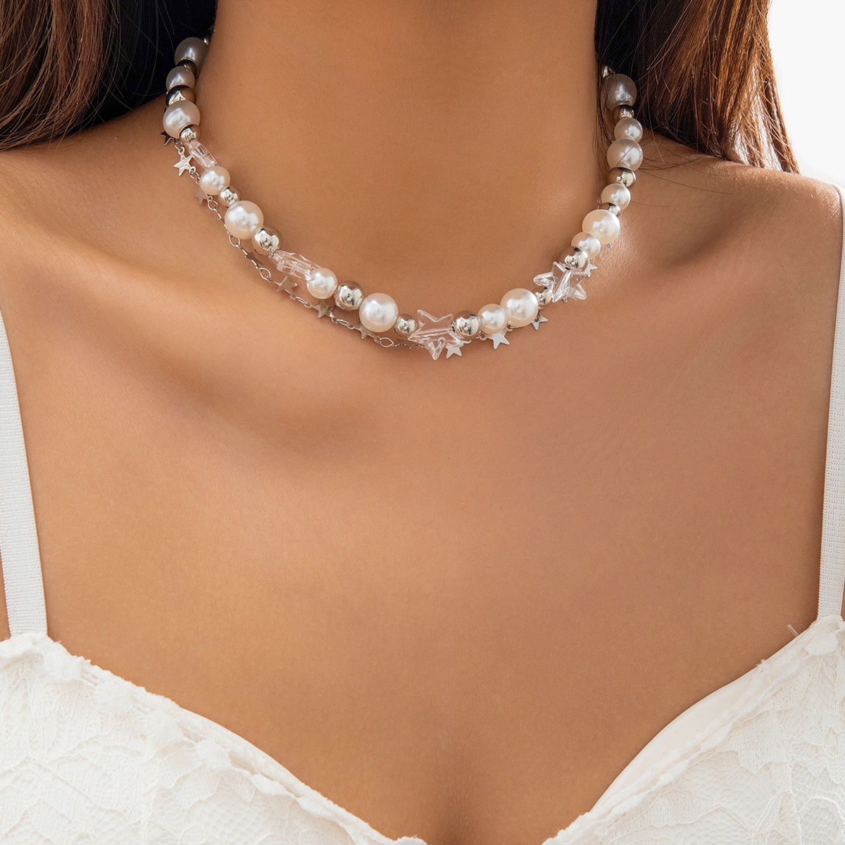 European and American pastoral, fresh and elegant, pearl-like style necklace versatile star-shaped beaded necklace for cross-border women full figure