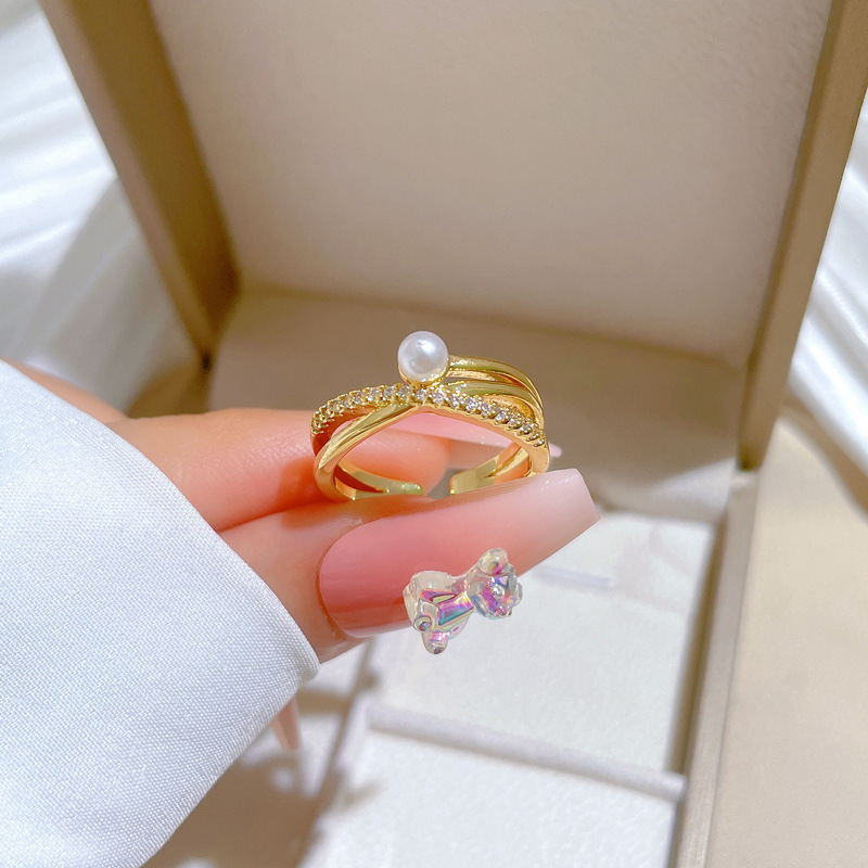 【 Real Gold 】 Cross-pearl full diamond ring with adjustable opening, simple Japanese-style bracelet, couple rings details Picture