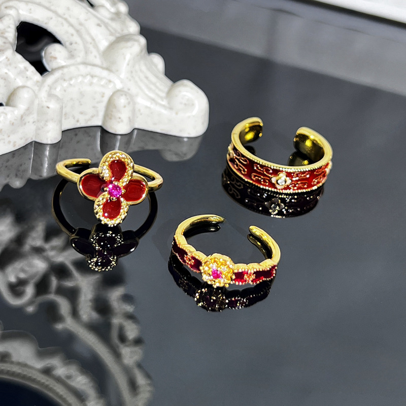 Retro Hong Kong-style red drip glaze high-end open ring for women's encore, fashionable and versatile index finger ring, cold style and niche Specification drawing