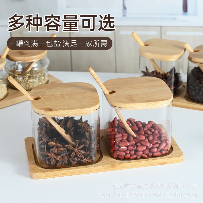 Wholesale glass square wooden spoon storage jars, square glass seasoning jars, transparent candy and food storage sealed jars Application Scenario