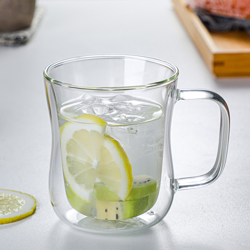 Cross-border supply of high borosilicate double-layer glass cups, high-temperature resistant and creative transparent handle cups for flower tea, milk and coffee water full figure