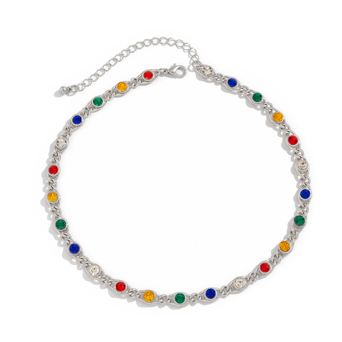 European and American cross-border jewelry, sweet style, colorful studded rhinestone chain necklace, irregular metallic collarbone chain set Item Picture