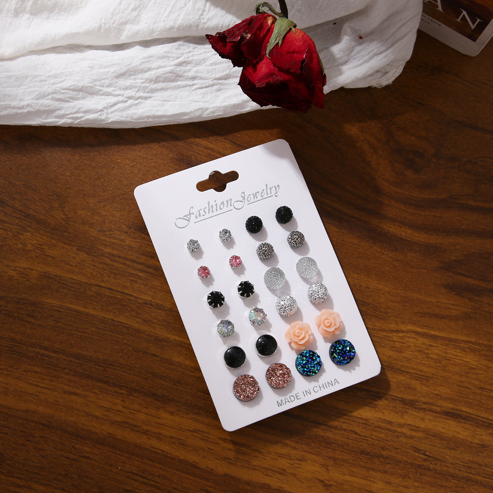 New cross-border ear stud set accessories: Rose crystal ball earrings, heart-shaped personalized ear stud set, 12 pairs set details Picture