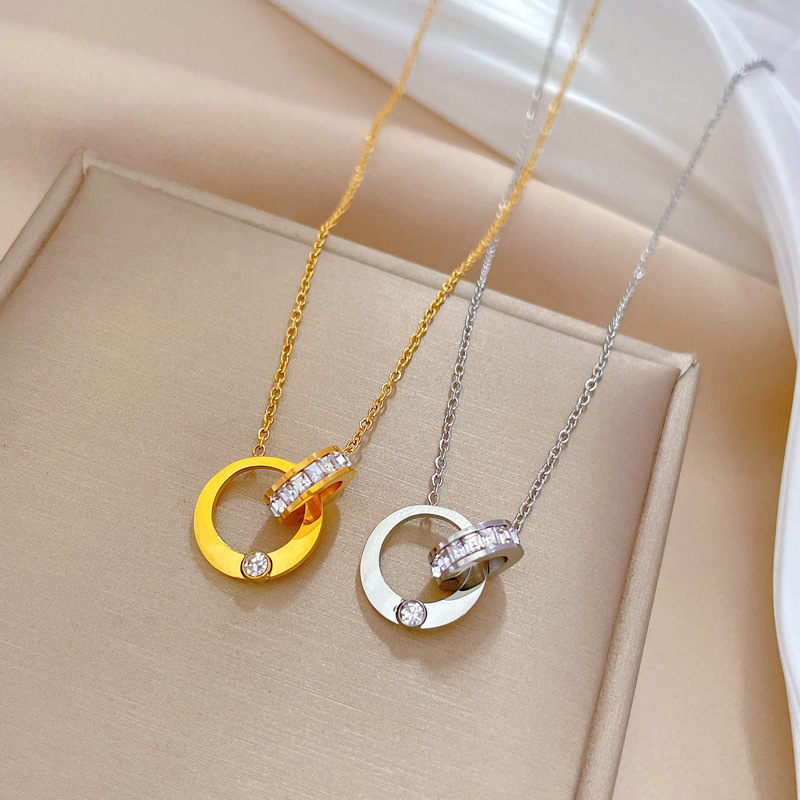 【 All-titanium Steel 】 Double ring Full diamond minimalist style furnace real gold necklace, female Instagram Internet celebrity collarbone chain accessory Specification drawing