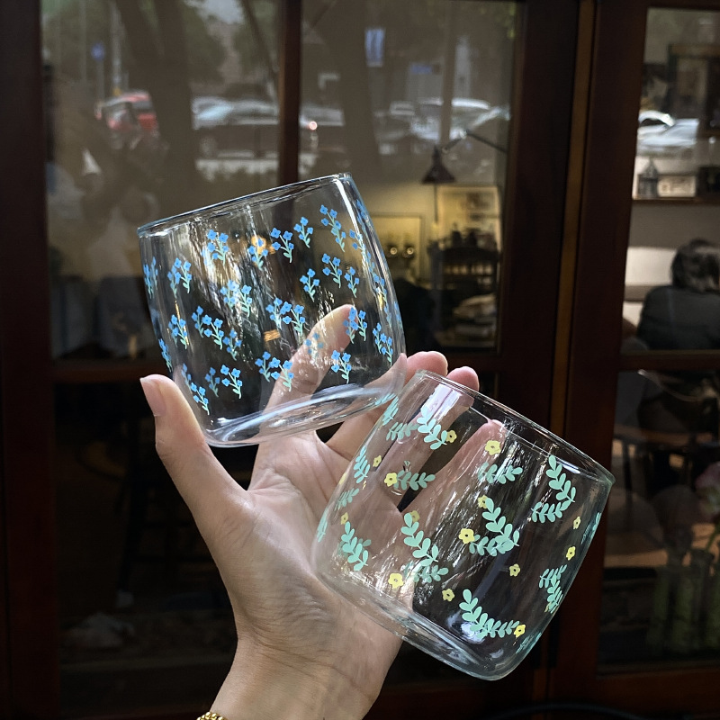 Country-style French small floral water cup, fresh ice blue willow leaf glass cup, heat-resistant juice cup, milk cup Specification drawing