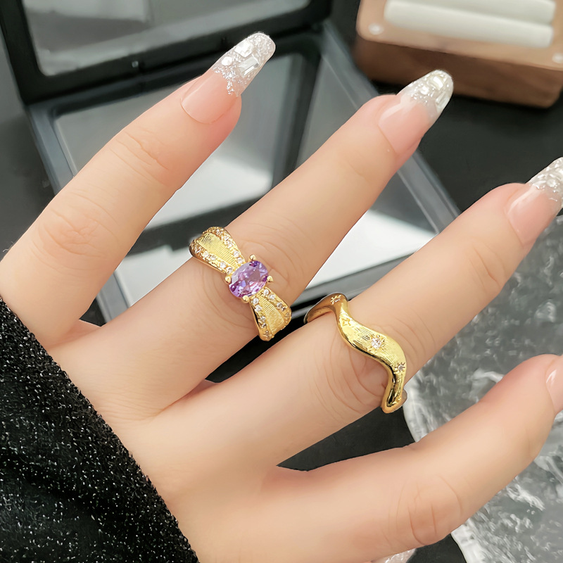 French light luxury retro purple brushed wave sweet and cool open ring, women's fashionable texture, niche and versatile index finger ring details Picture