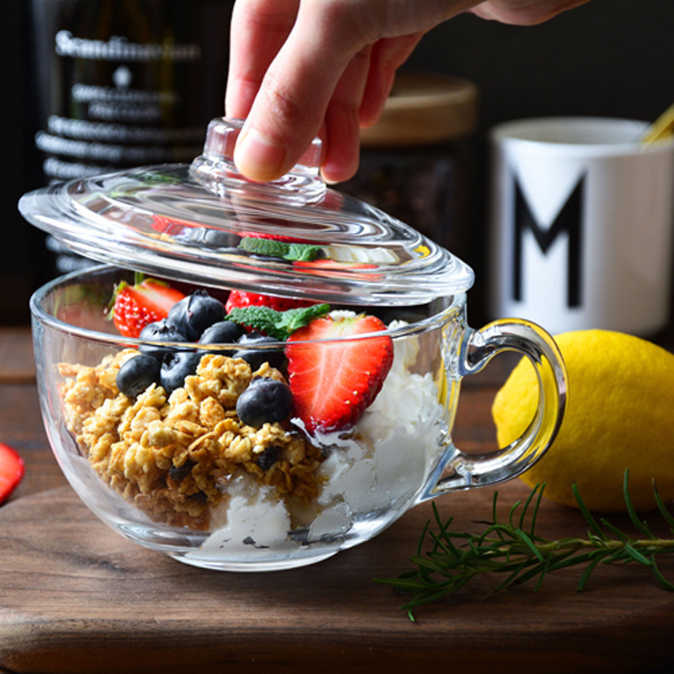 Lizun Tempered Diamond Large Food Pot, covered breakfast cup, Oat Cup, Creative Milk Cup with handle, Instant noodle bowl, Glass cup details Picture