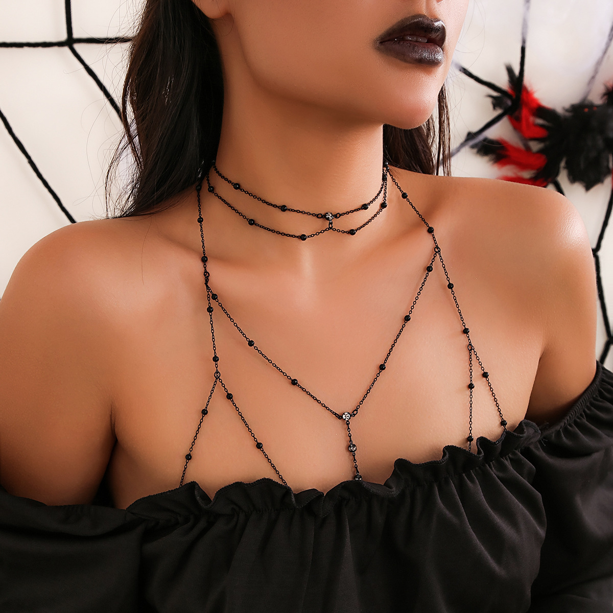 European and American sexy and exaggerated beach casual body clothing, chain, necklace, sparkling diamond pendant, tassel necklace, chest chain D0254 full figure