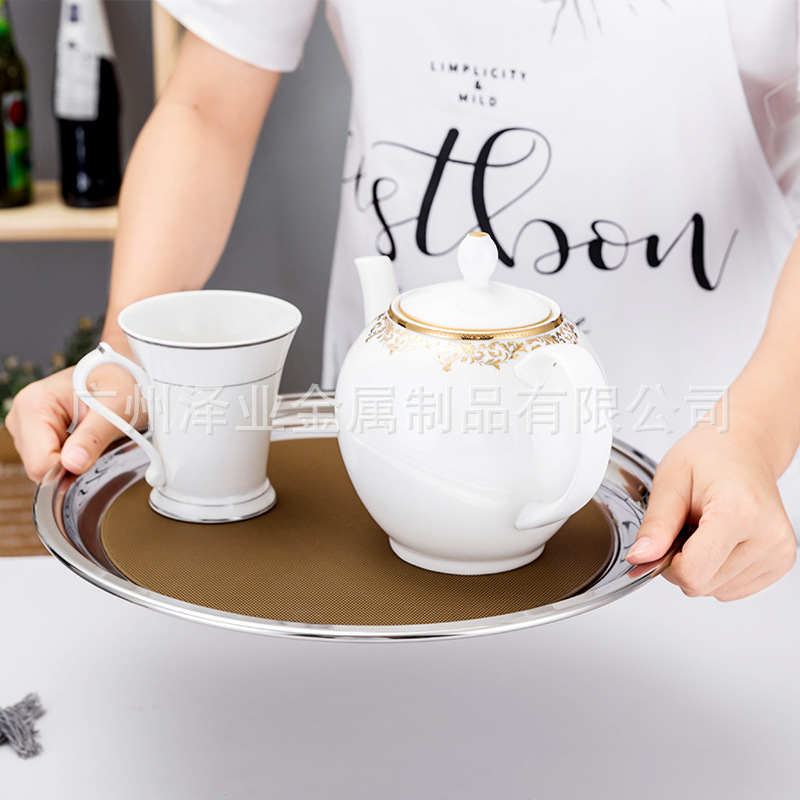 Stainless steel circular mirror plate hotel restaurant tray, tea plate, fruit salad shiny plate, can be equipped with anti-slip pad Specification drawing