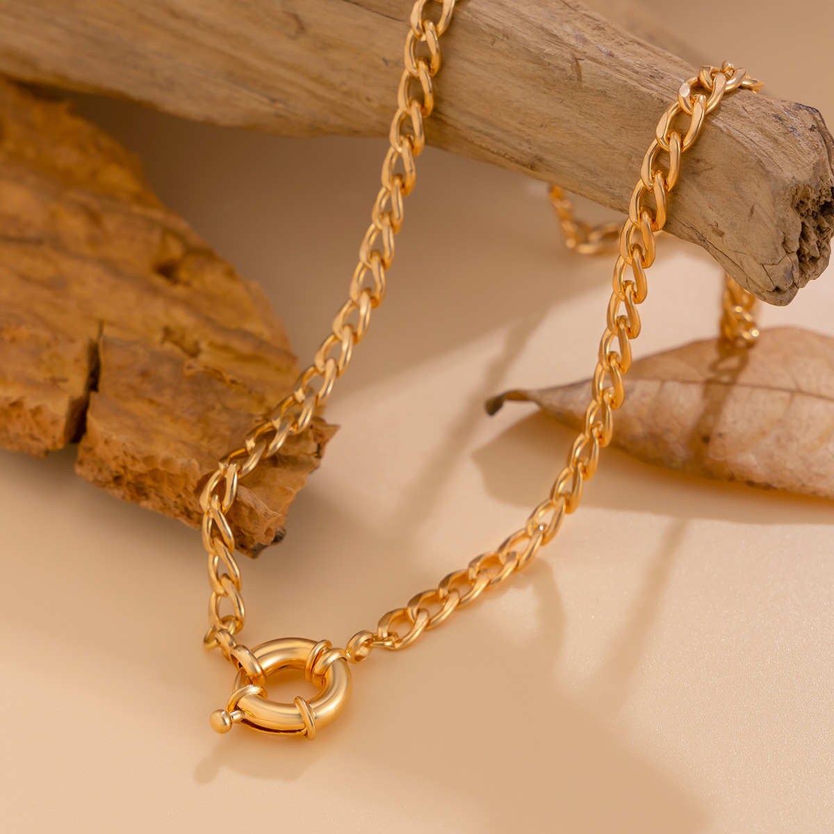 European and American cross-border jewelry geometric spring buckle NK copper chain necklace, unique and simple flat snake chain collarbone neck chain for women Specification drawing