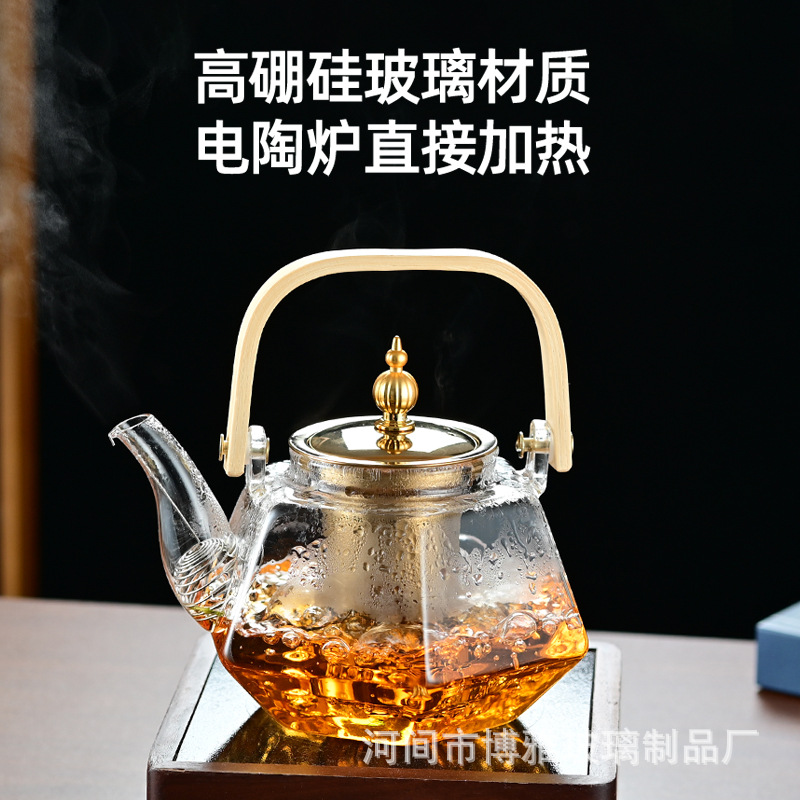 Wholesale high borosilicate glass multi-faceted teapots, heat-resistant wooden handle teapots, flower teapots, and tea-water separation teapots for roasting around a stove full figure