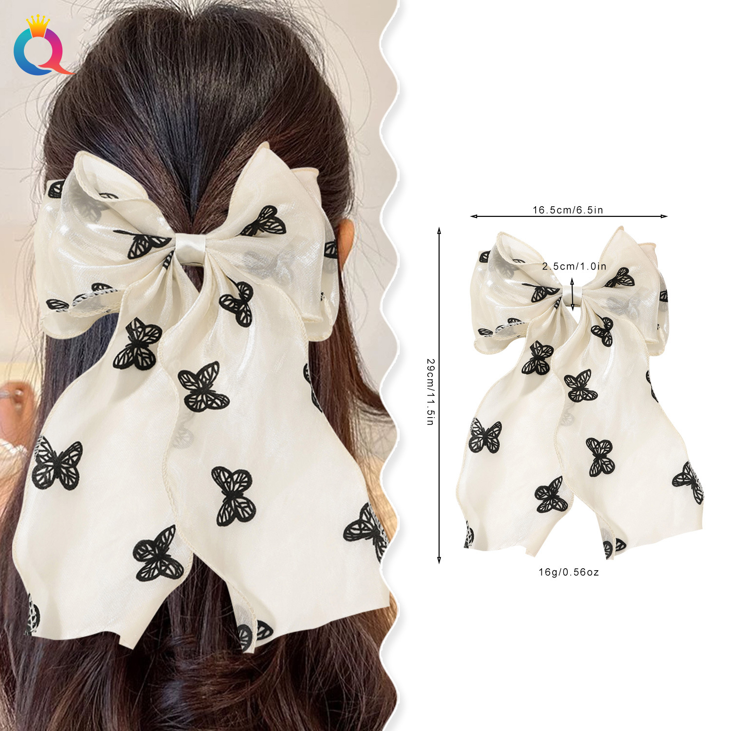 Qiyue European and American cross-border fashion bow hair clips, high-end beige mesh ribbon spring hair accessories wholesale Specification drawing