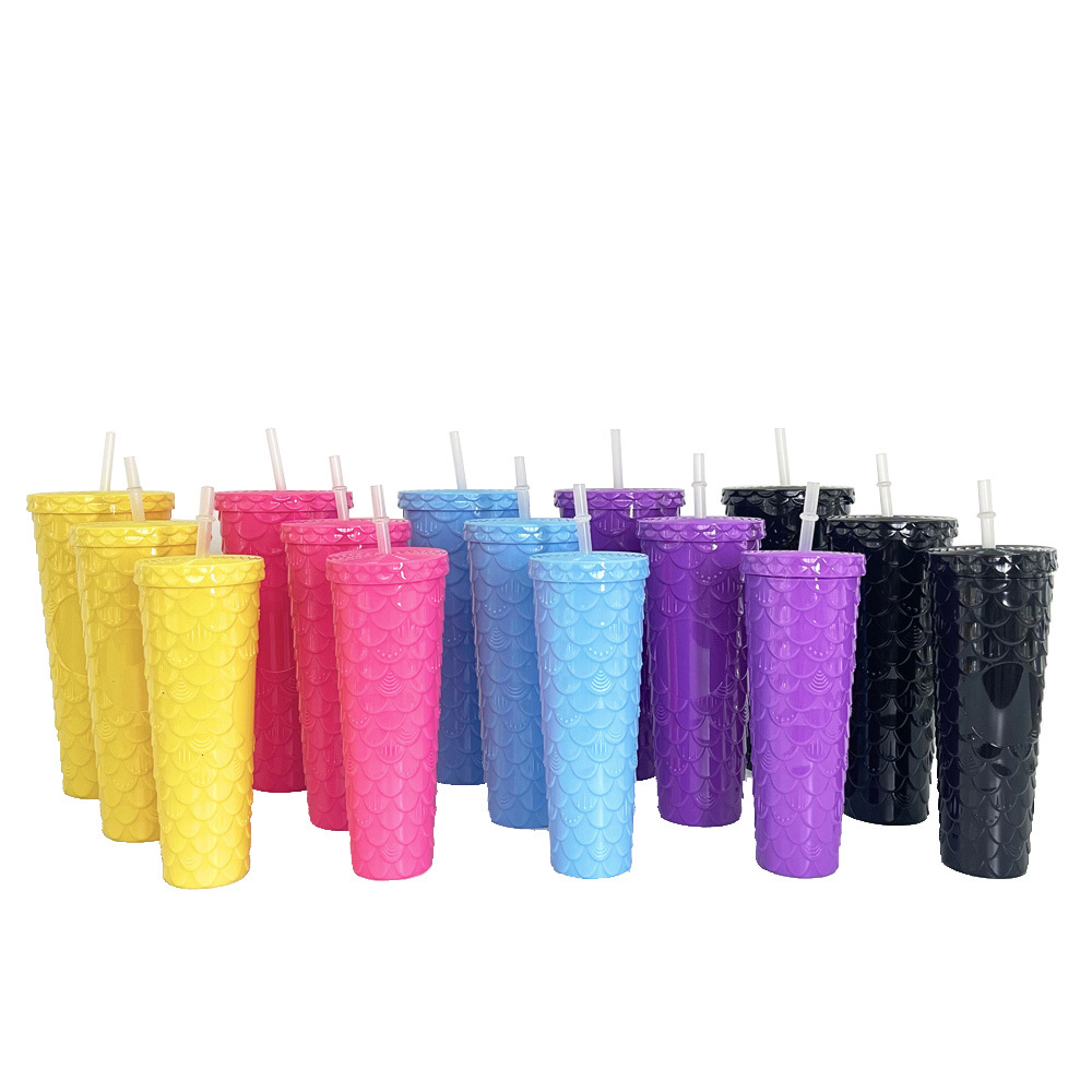 Cross-border fish-scale car cup three-piece set AS plastic car king straw water cup Outdoor office milk tea cup Item Picture