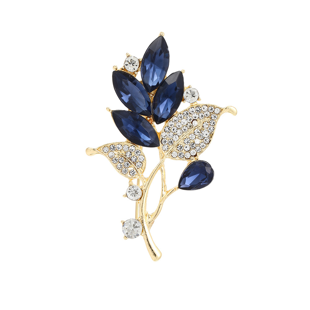 Cross-border European and American blue crystal leaf diamond-encrusted elegant brooch, light luxury and niche design sense, suit cheongsam, brooch for women Item Picture
