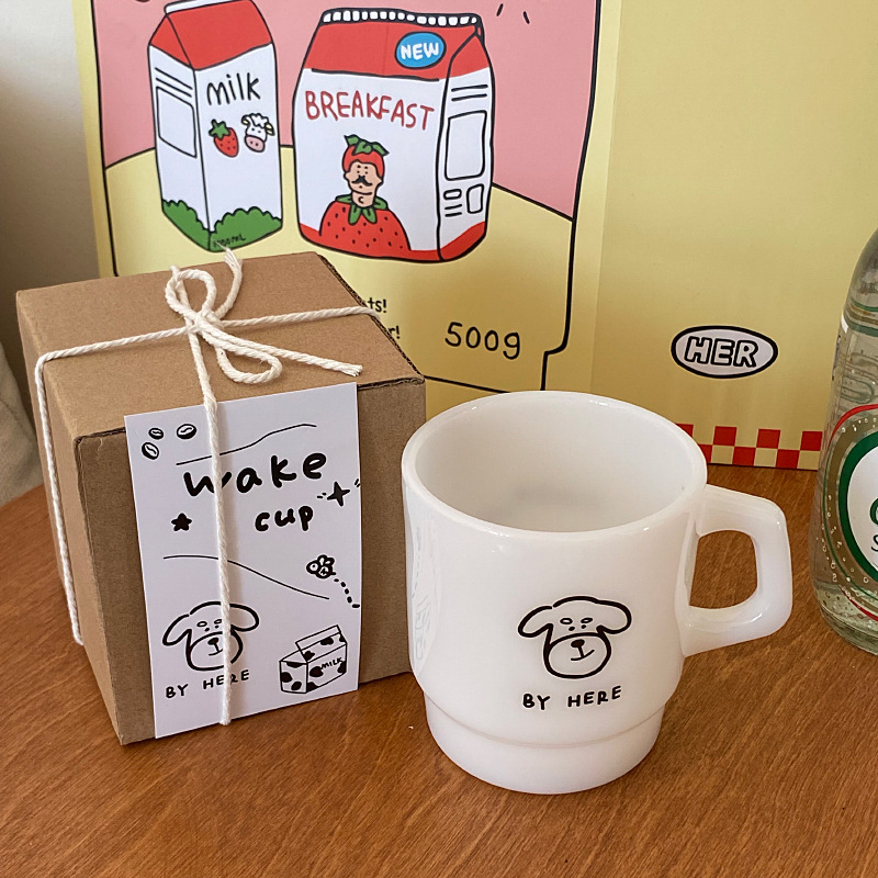 French retro white jade line puppy mug, Korean Instagram cartoon glass water cup stacking cup, couple gifts Specification drawing