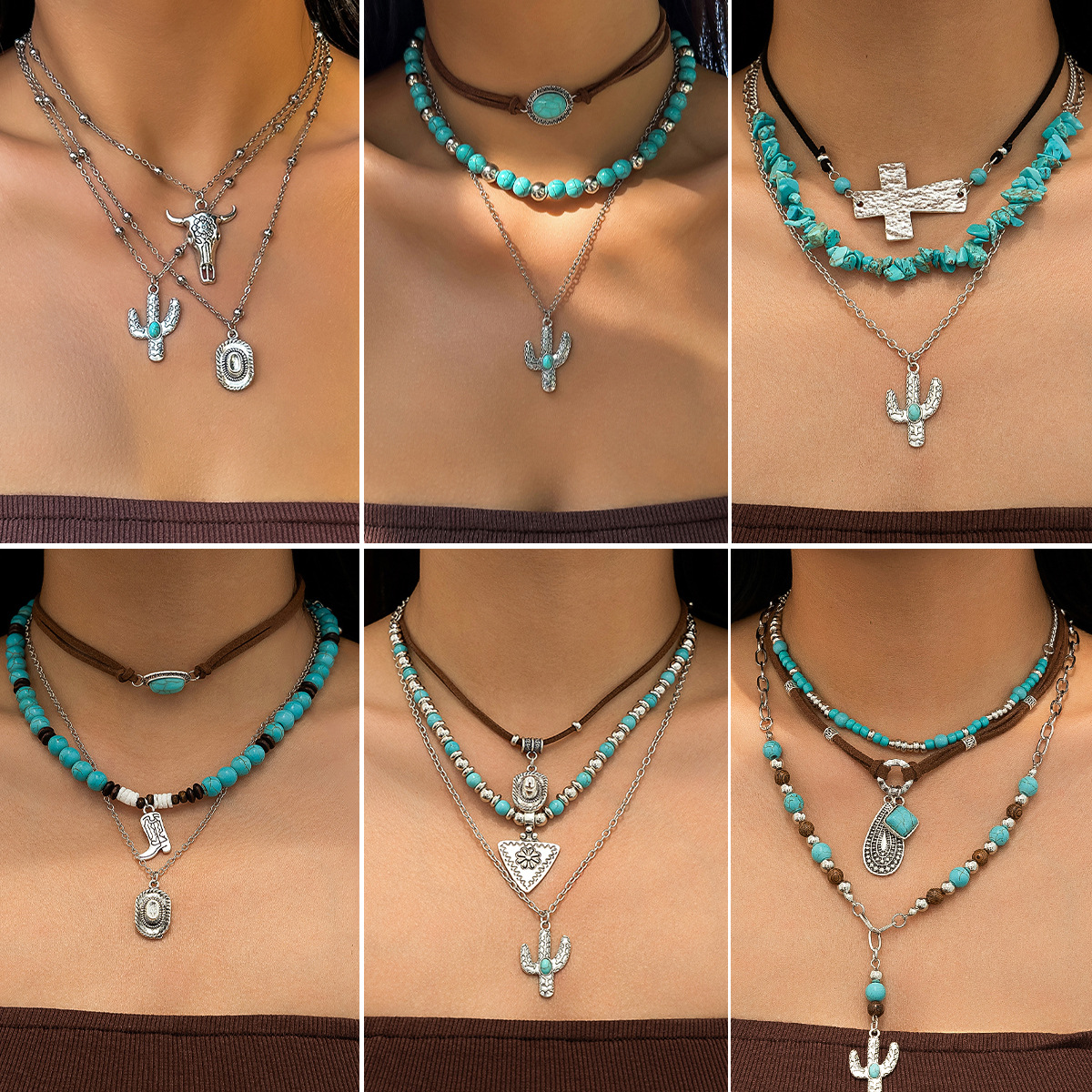European and American cross-border jewelry, retro imitation turquoise collarbone chain, niche beaded necklace set, ethnic-style cactus necklace full figure