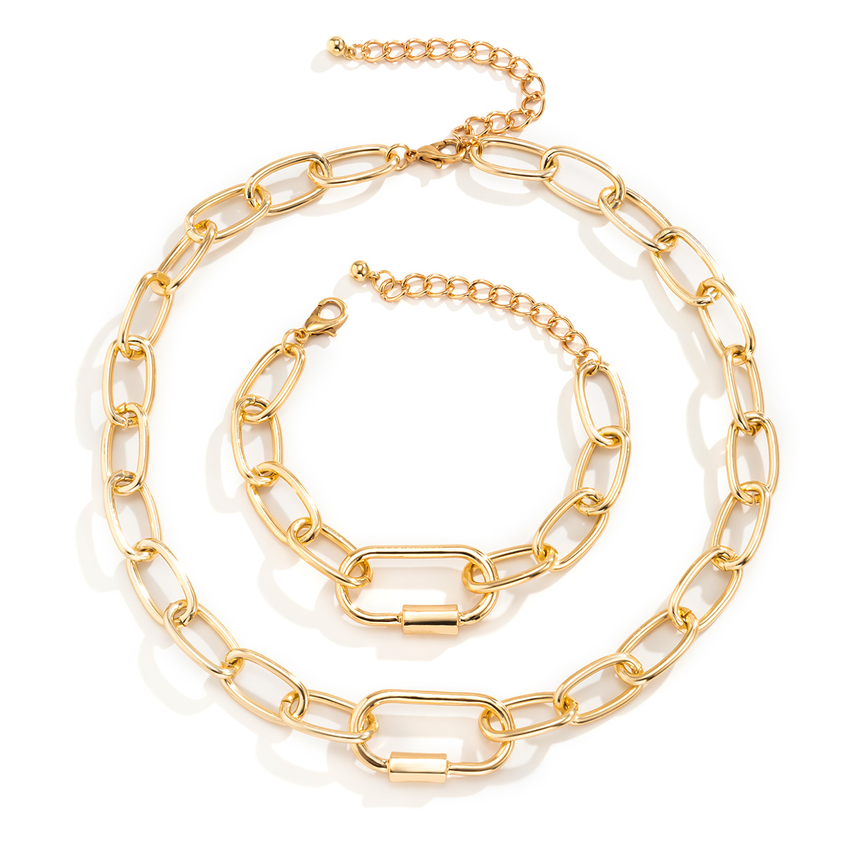 European and American cross-border jewelry hip-hop personality O-shaped chain metal bracelet set, niche geometric shape versatile necklace Item Picture