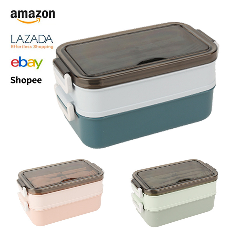 Japanese-style plastic lunch box, double-sealed insulated box, student compartments lunch box, bento box, portable lunch box with tableware full figure