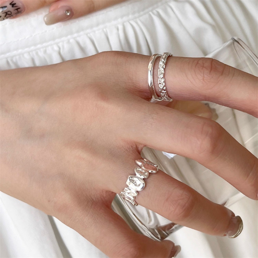 S925 sterling silver texture double-layer line irregular ring, women's personalized and fashionable index finger ring, niche design simple ring Specification drawing