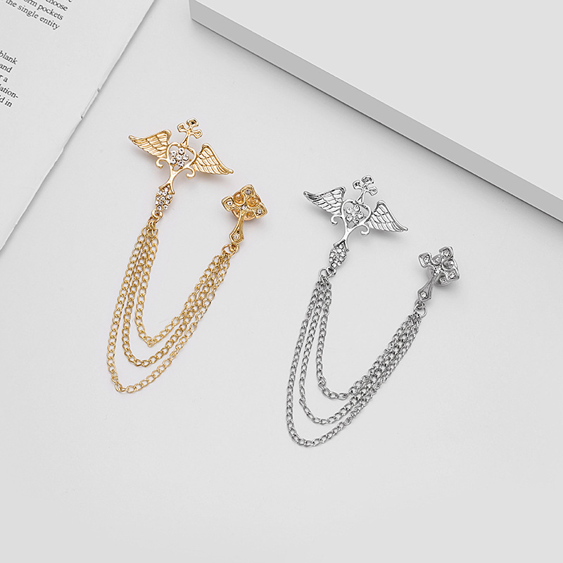 European and American fashion diamond-encrusted angel wing cross deer head brooch, British suit chain tassel brooch details Picture