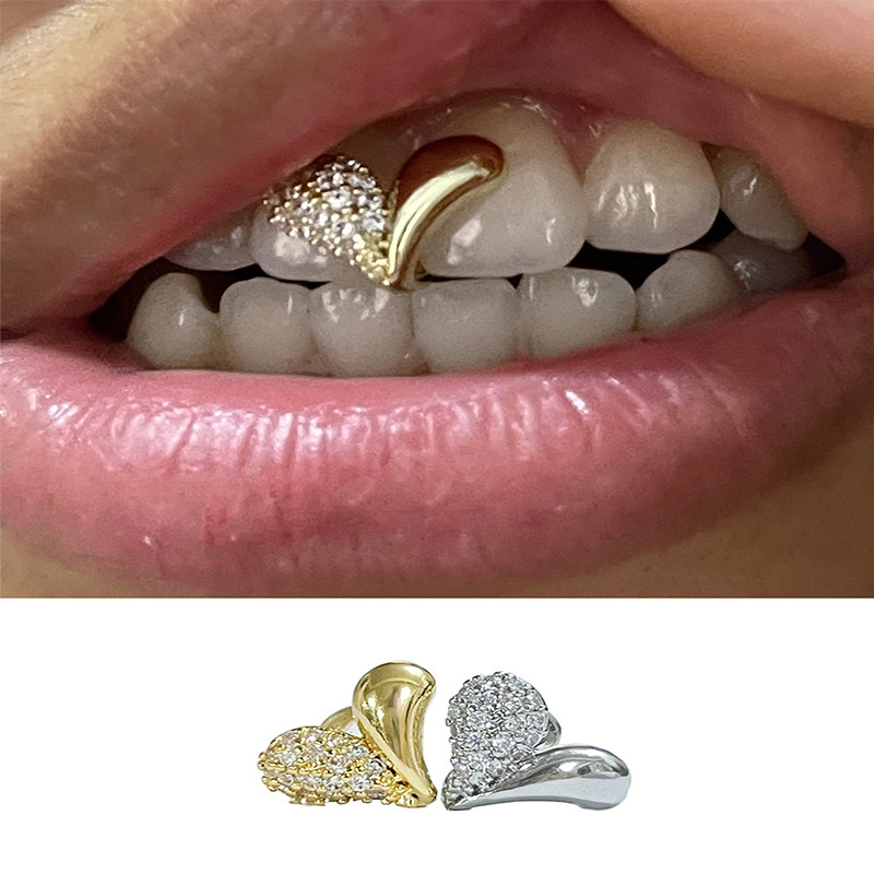 Cross-border new micro-inlaid heart, semi-zirconia, semi-polished single gold dental set, hip-hop dental set teethgrillz full figure