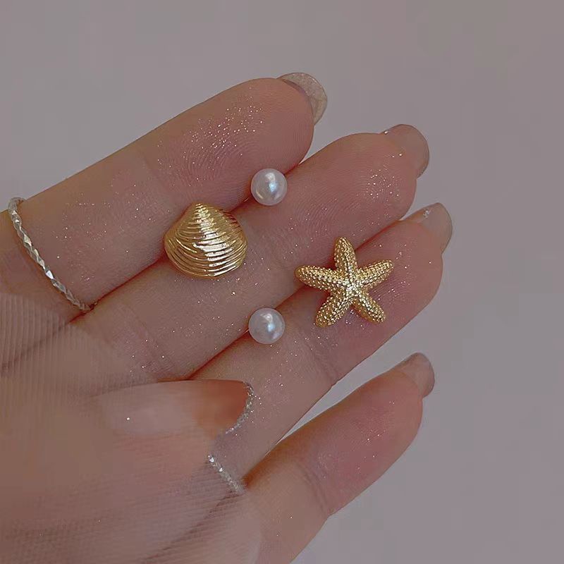 925 Starfish Shell Imitation Pearl Stud Earrings Women's Seaside Vacation Style Four-piece Set Earrings and Earrings Commemorative Gift Application Scenario