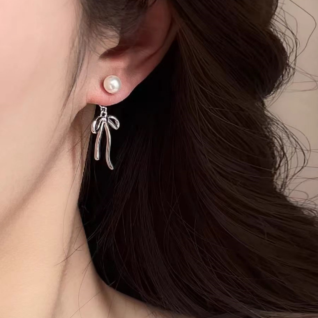 "Ballet atmosphere" Pearl bow tassel Korean-style earrings, mosquito niche sweet and elegant, round face stud earrings Specification drawing