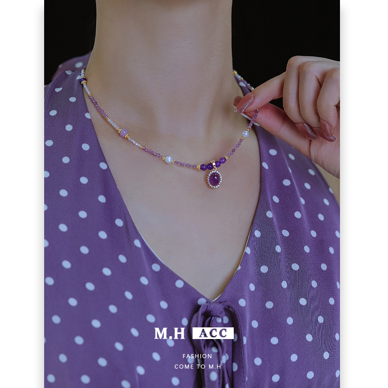New Chinese-style, fashionable, retro and exquisite amethyst beaded zircon necklace, elegant, fashionable, cute and versatile, collarbone chain for women full figure