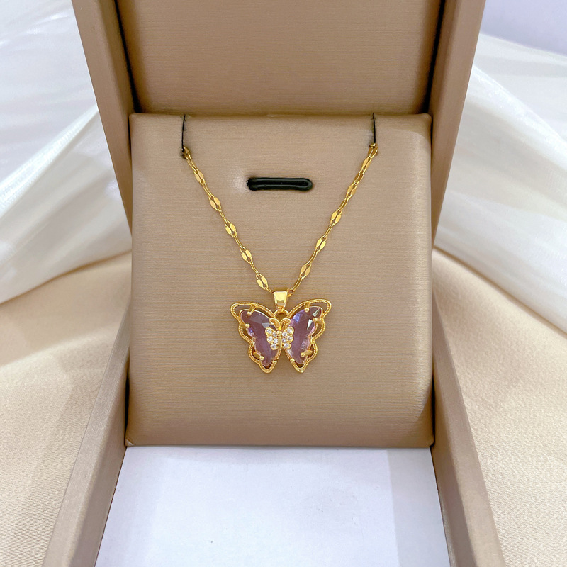 【 Titanium Steel 】 Light luxury, elegant and individual, hollowed-out butterfly necklace, versatile collarbone chain for female Internet celebrities, titanium steel chain full figure