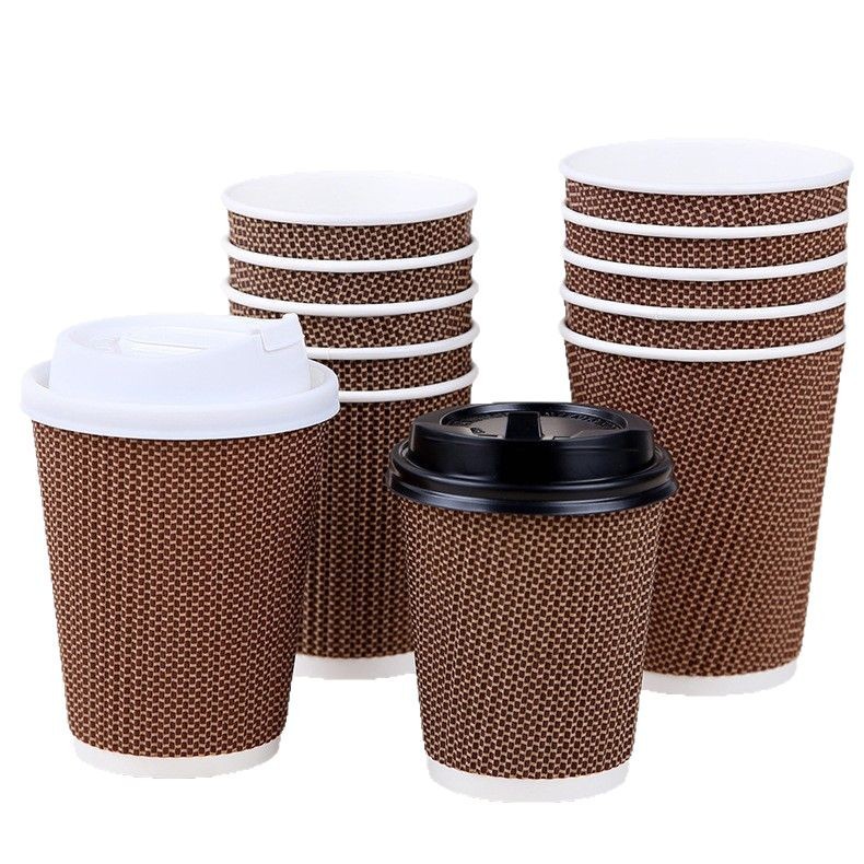 Grid hot drink cups, disposable coffee cups, commercial heat-resistant corrugated paper cups with LIDS, packed milk tea boxes of 500 pieces Item Picture
