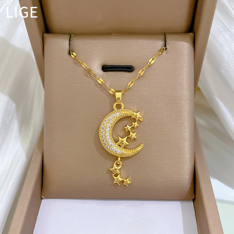 【 Titanium Steel 】 Moon and star tassels, light luxury and elegant, full diamond necklace, versatile for women, collarbone chain, titanium steel chain full figure