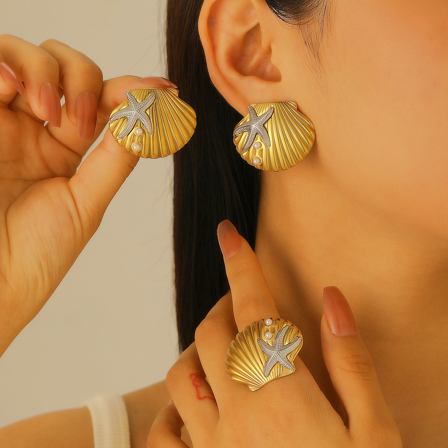 European and American cross-border color-matched stainless steel pearl shell ring stud set, high-end ocean-style earrings and jewelry full figure