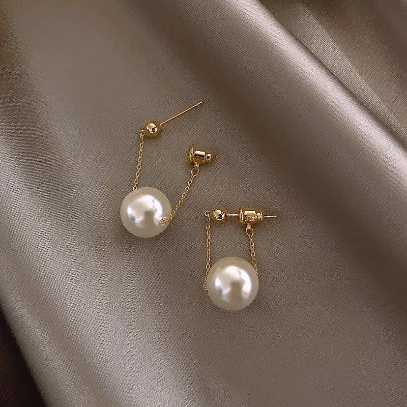 Trendy large pearl back-hanging earrings for women, versatile and simple near-round pearl earrings s925 silver needle stud earrings details Picture