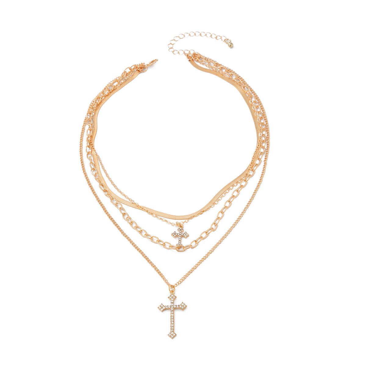European and American cross-border jewelry hip-hop diamond-encrusted multi-layer cross pendant collarbone chain ins metallic snake-bone chain necklace Item Picture