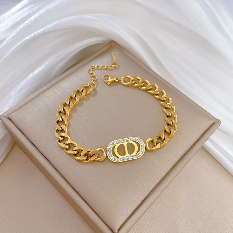 【 All-titanium Steel 】 Dongdaemun Minimalist style CD Full Diamond chain bracelet Female Internet celebrity retro best friend details Picture