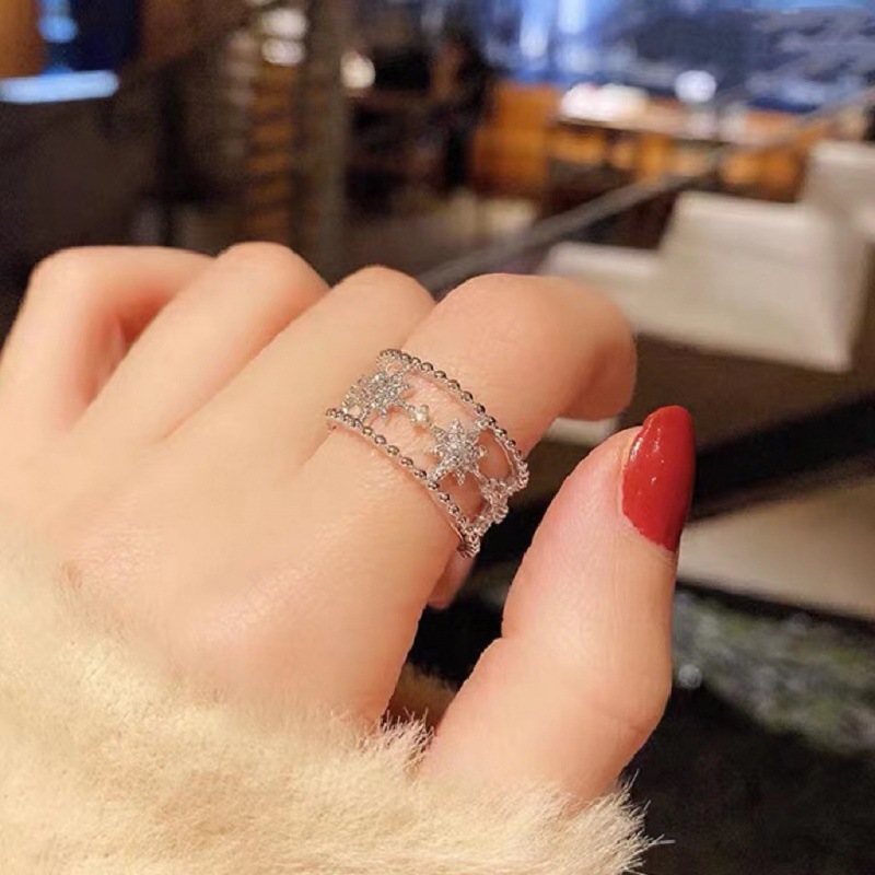 Hexagonal star open ring, a fashionable, individualistic and light luxury zircon index finger ring with full diamonds, an ins niche and high-end ring full figure