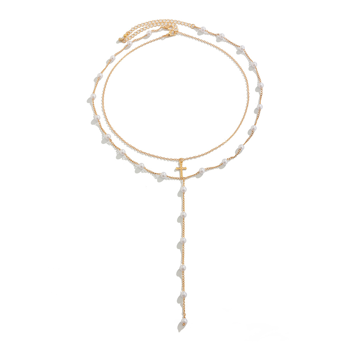 European and American cross-border accessories bikini sexy multi-layer pearl collarbone chain cross pendant tassel alloy necklace Item Picture