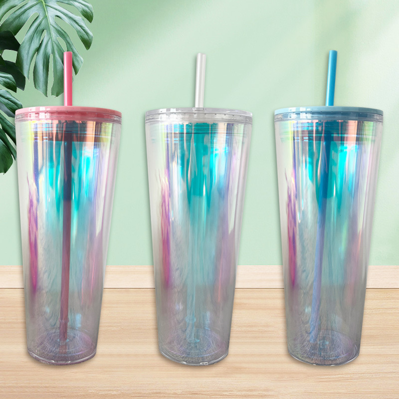【 Processing and Customization 】 Laser insert double-layer straw cup with lid, PS plastic cup source manufacturer, available for order full figure