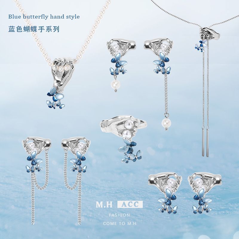 Original blue butterfly and hand earrings, women's silver needle 925 earrings, high-end Korean-style Instagram versatile and novel earrings full figure