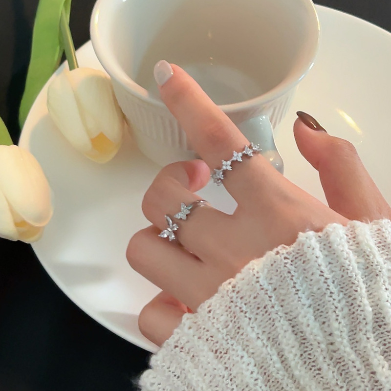 Double butterfly flower zircon open ring for women, adjustable, personalized and fashionable ring, niche design, high-end and cool details Picture