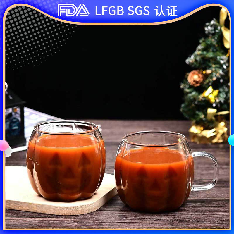 Halloween pumpkin cup, high borosilicate single-layer glass cup with handle, colorful striped garden Fun hand juice coffee cup full figure