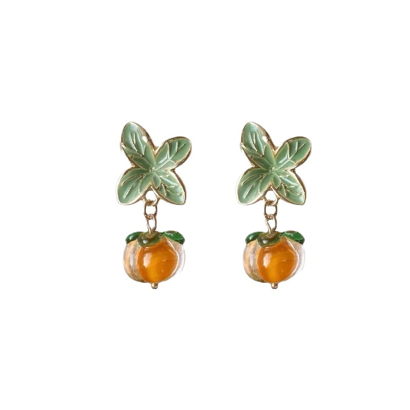The glass persimmon with a retro charm, the orange earrings that are popular on the Internet are cute and sweet. The Chinese-style stud earrings and earrings are trendy Item Picture