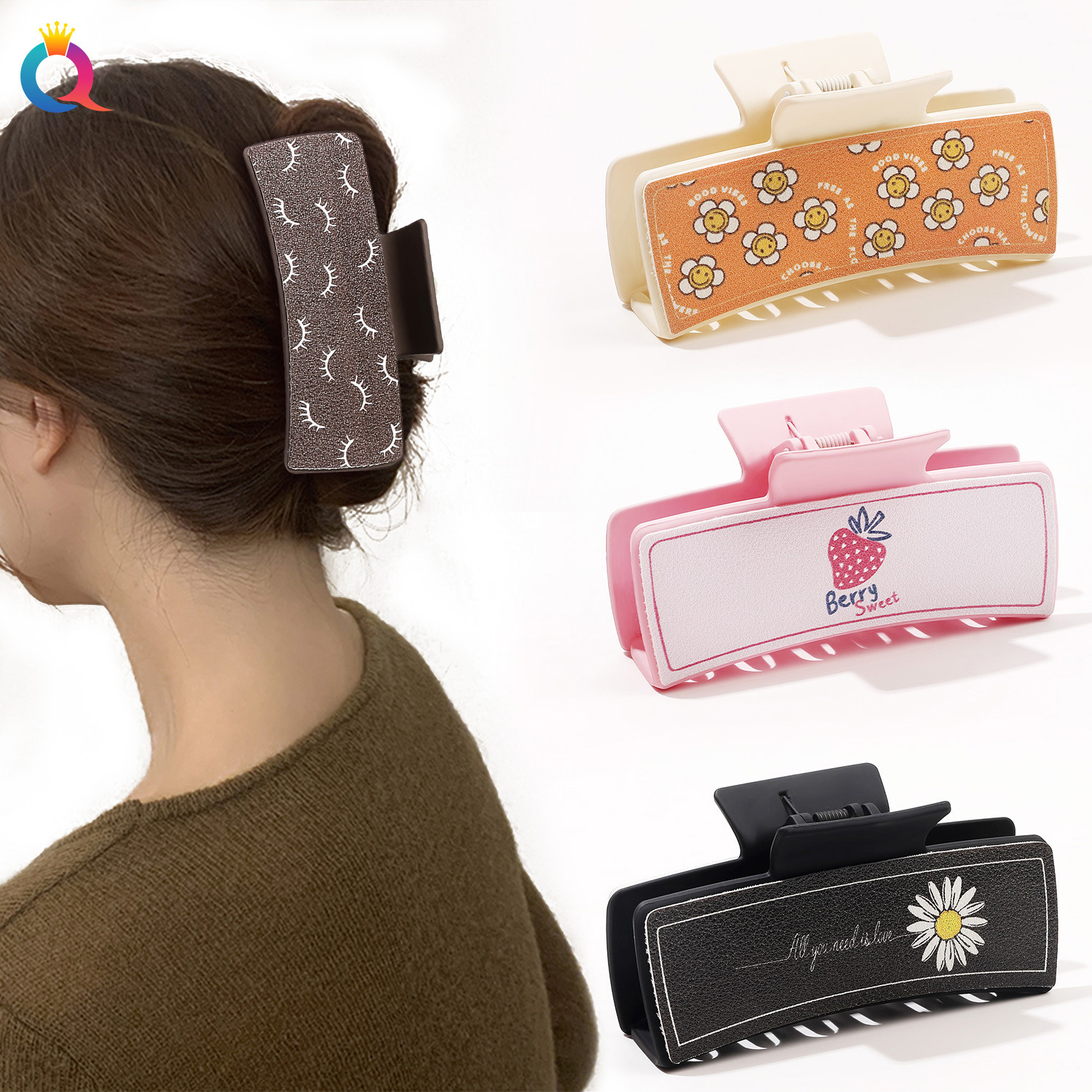Qiyue Amazon PU Shark clip printed style leather hair clip, cross-border square clip, elegant grab clip hair accessory wholesale full figure