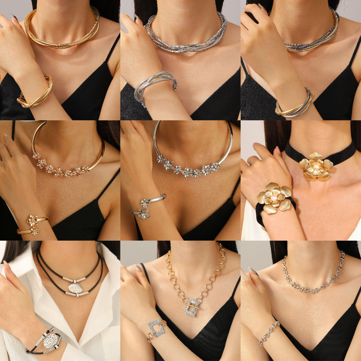 Exaggerated multi-layer twisted necklace, metal necklace, bracelet, bangle set, choker collarbone chain, neck chain accessory for women full figure