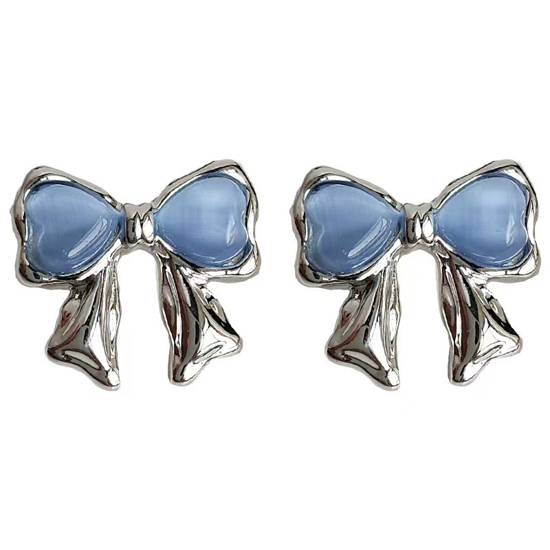 Mini, fresh and cute blue cat's eye stone bow stud earrings for women 2025 new bestsellers, fashionable and versatile earrings Item Picture