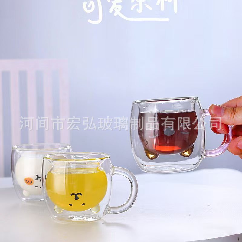 High-quality transparent glass cartoon bear cups, various styles of milkshake desserts, milk cups, and household glass double-layered cups details Picture