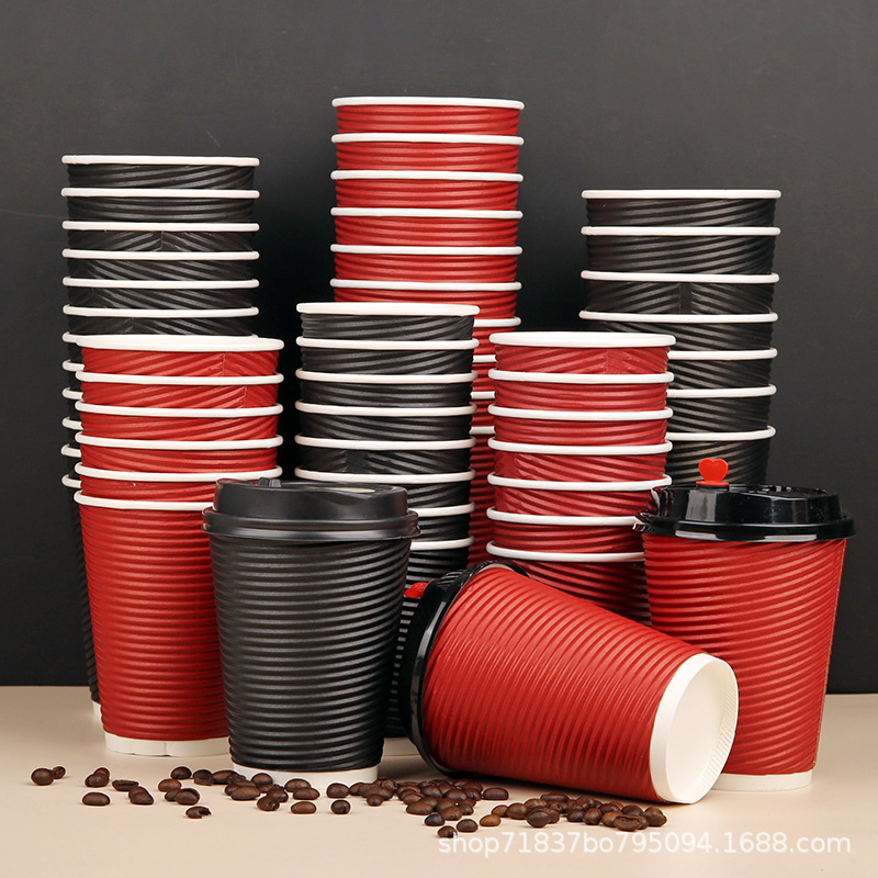 Disposable corrugated paper cups with double-layer horizontal patterns and LIDS, hot drink paper cups that can be printed with thickened and heat-insulating corrugated coffee soy milk details Picture