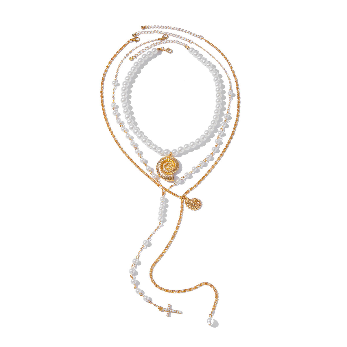 European and American cross-border jewelry vacation style conch cross pendant necklace, summer beach pearl string collarbone chain Item Picture