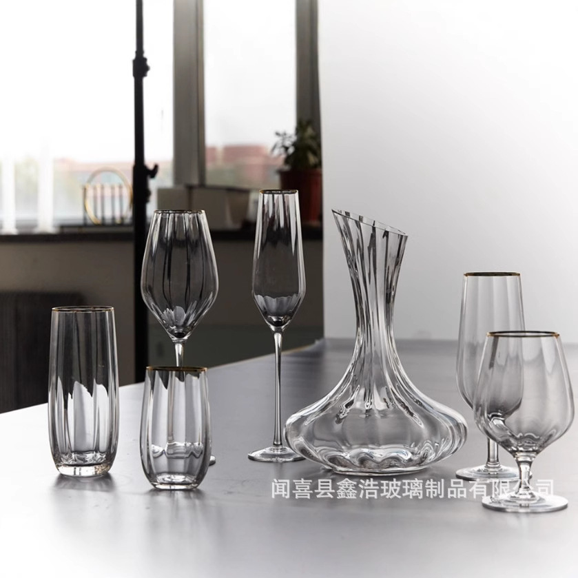 Wholesale of creative European-style household gold-rimmed glass wine glasses, champagne glasses, brandy glasses, prism pumpkin striped water glasses details Picture