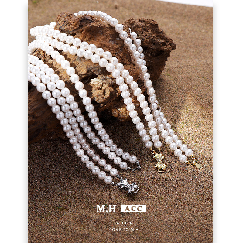 French-style layered bow pearl necklace with a touch of high-end women, light luxury cross-border collarbone chain, elegant and versatile necklace wholesale Specification drawing